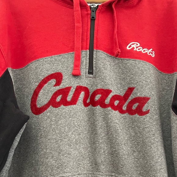 Roots Canada gray red 1/4 zip hoodie sweatshirt extra large XL beaver quarter - Picture 3 of 6